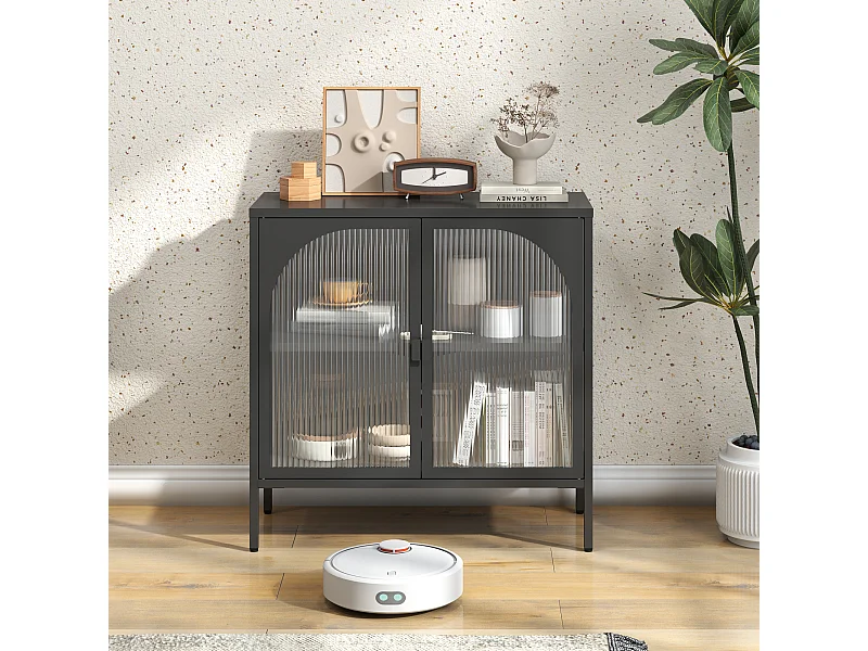 Armario metálico con puertas de cristal, mueble de almacenaje con estantes regulables, metal y cristal, color negro (80x35x80 cm)