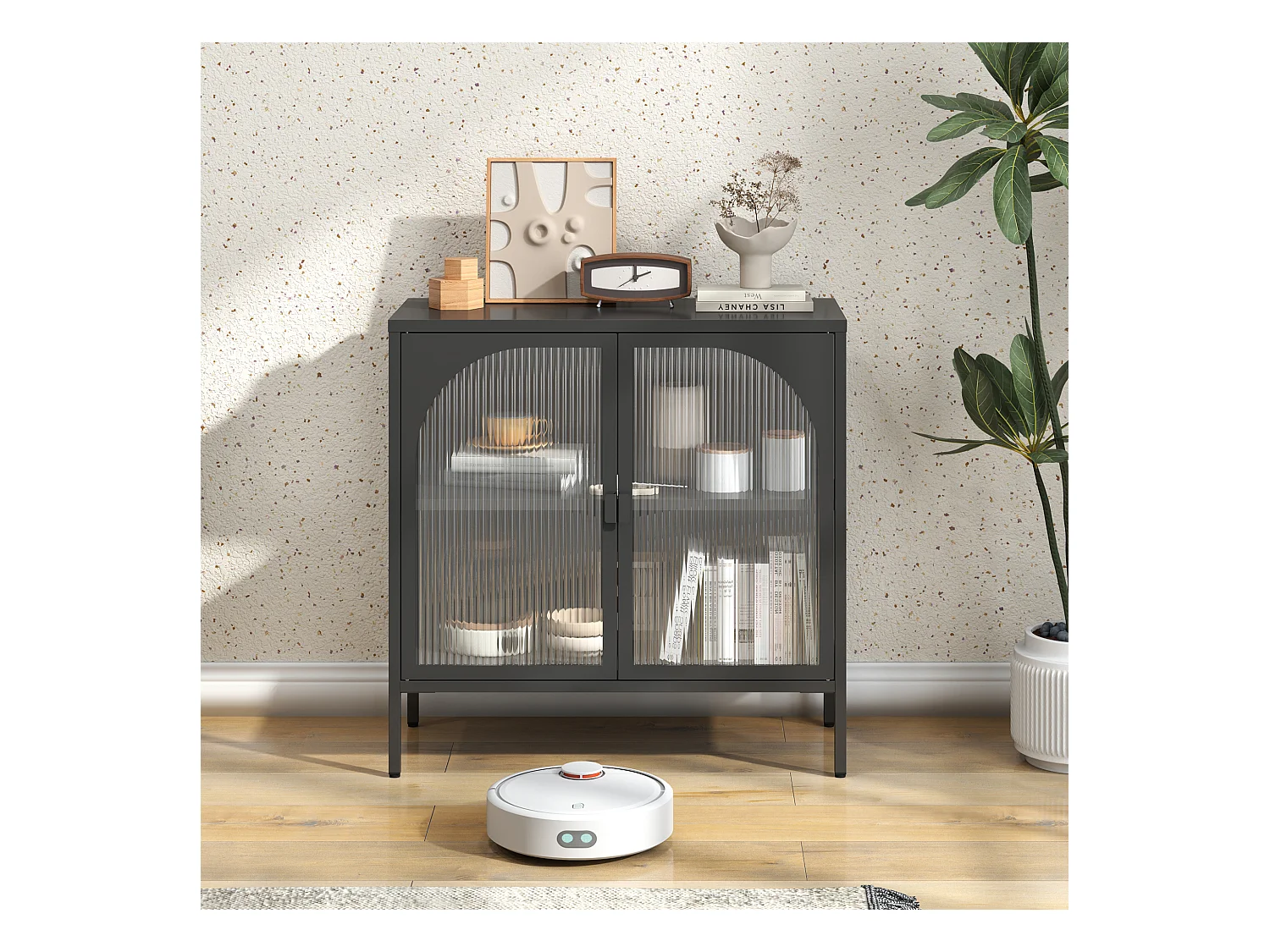 Armoire métallique à portes vitrées, meuble de rangement avec étagères ajustables, métal et verre, noir (80x35x80 cm)