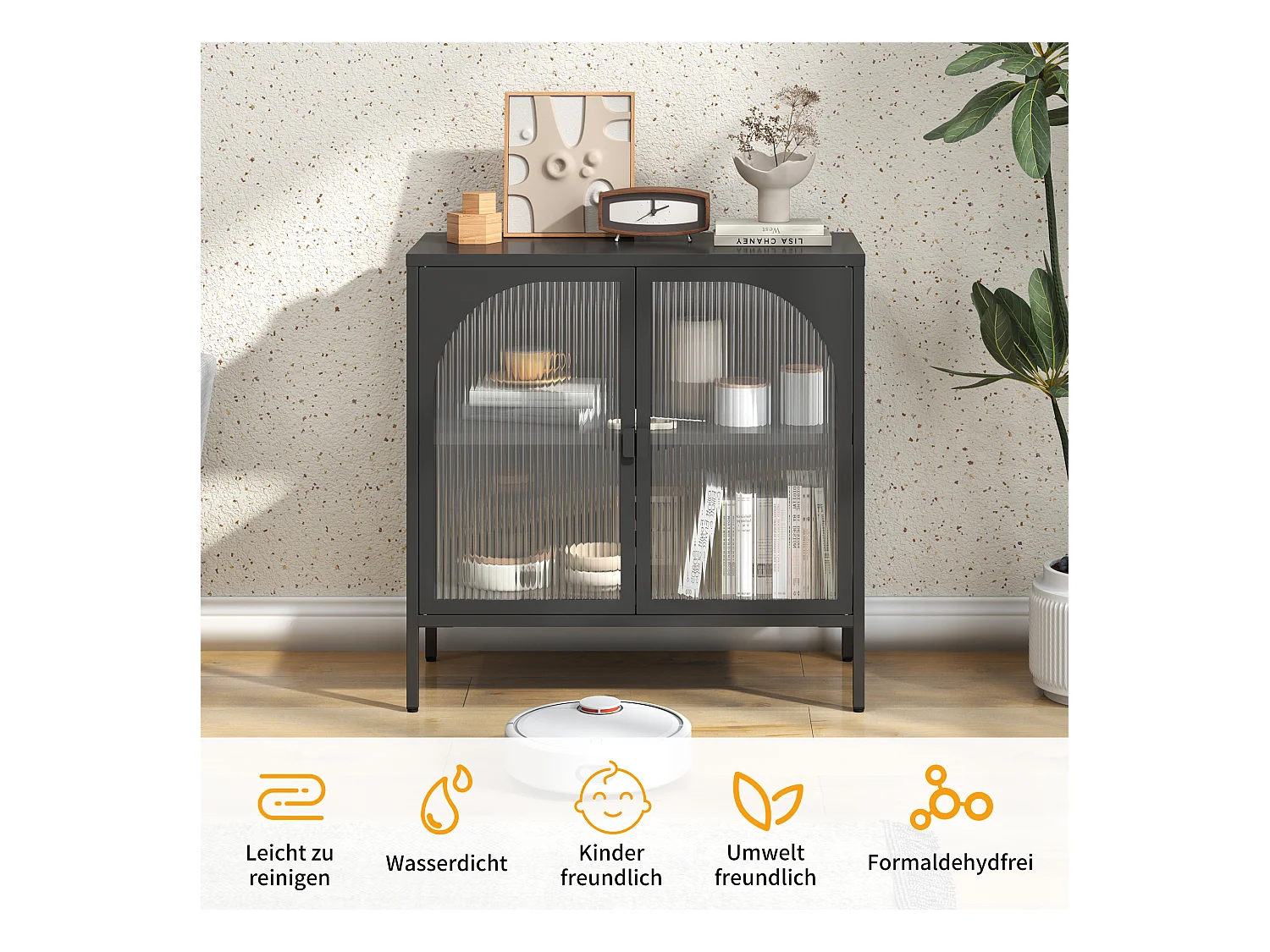 Armoire métallique à portes vitrées, meuble de rangement avec étagères ajustables, métal et verre, noir (80x35x80 cm)