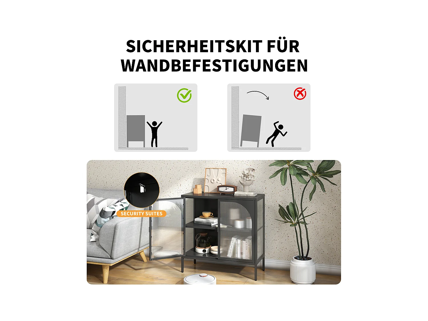 Armoire métallique à portes vitrées, meuble de rangement avec étagères ajustables, métal et verre, noir (80x35x80 cm)