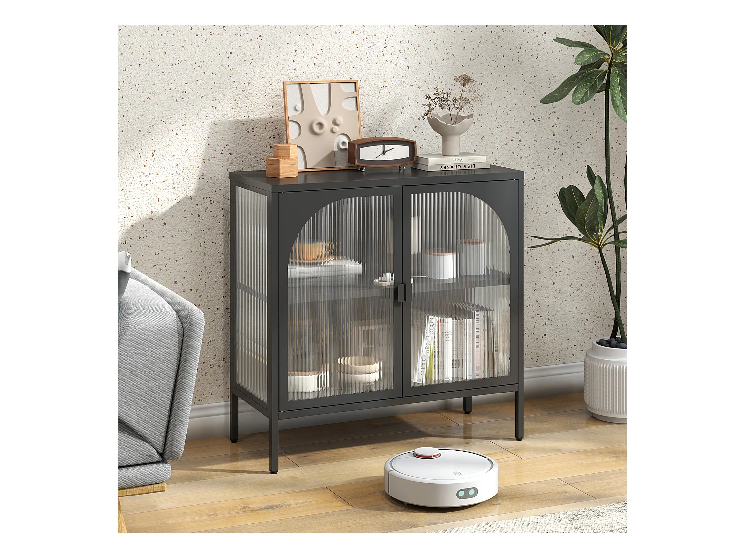 Armoire métallique à portes vitrées, meuble de rangement avec étagères ajustables, métal et verre, noir (80x35x80 cm)