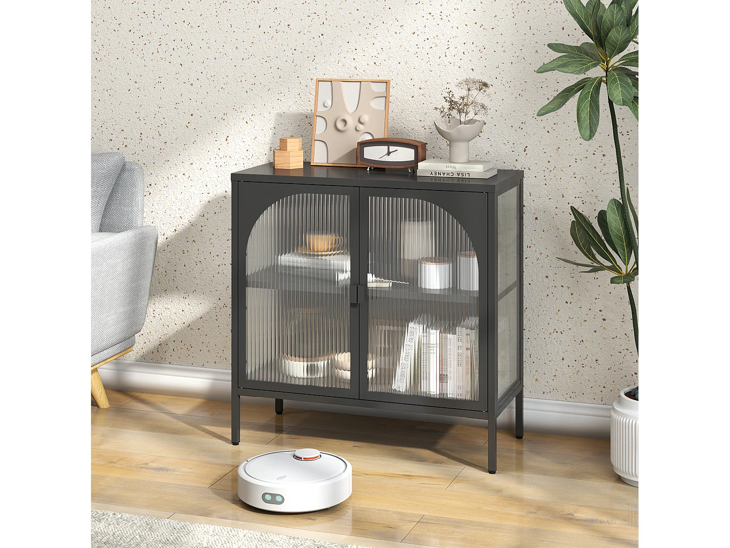 Armoire métallique à portes vitrées, meuble de rangement avec étagères ajustables, métal et verre, noir (80x35x80 cm)