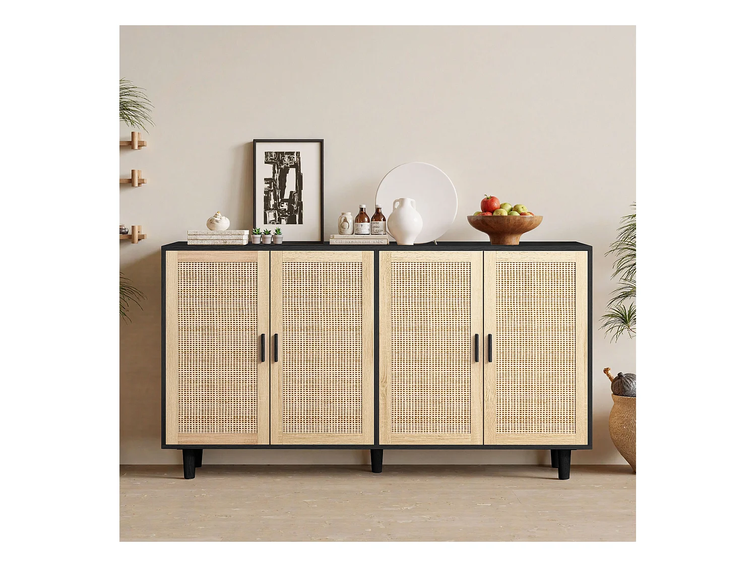 Mueble de almacenaje decorativo de ratán de 4 puertas, elegante y funcional, de aglomerado, color negro (158x40x88 cm)
