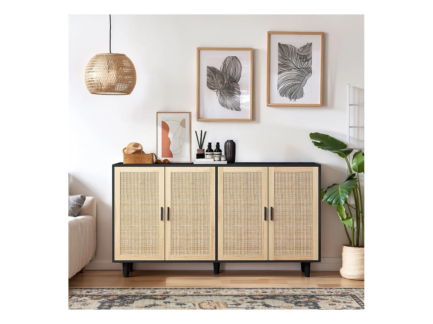 Mueble de almacenaje decorativo de ratán de 4 puertas, elegante y funcional, de aglomerado, color negro (158x40x88 cm)