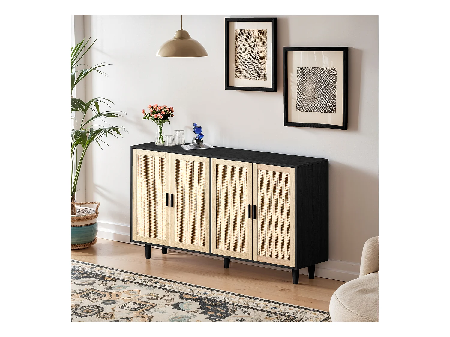 Mueble de almacenaje decorativo de ratán de 4 puertas, elegante y funcional, de aglomerado, color negro (158x40x88 cm)