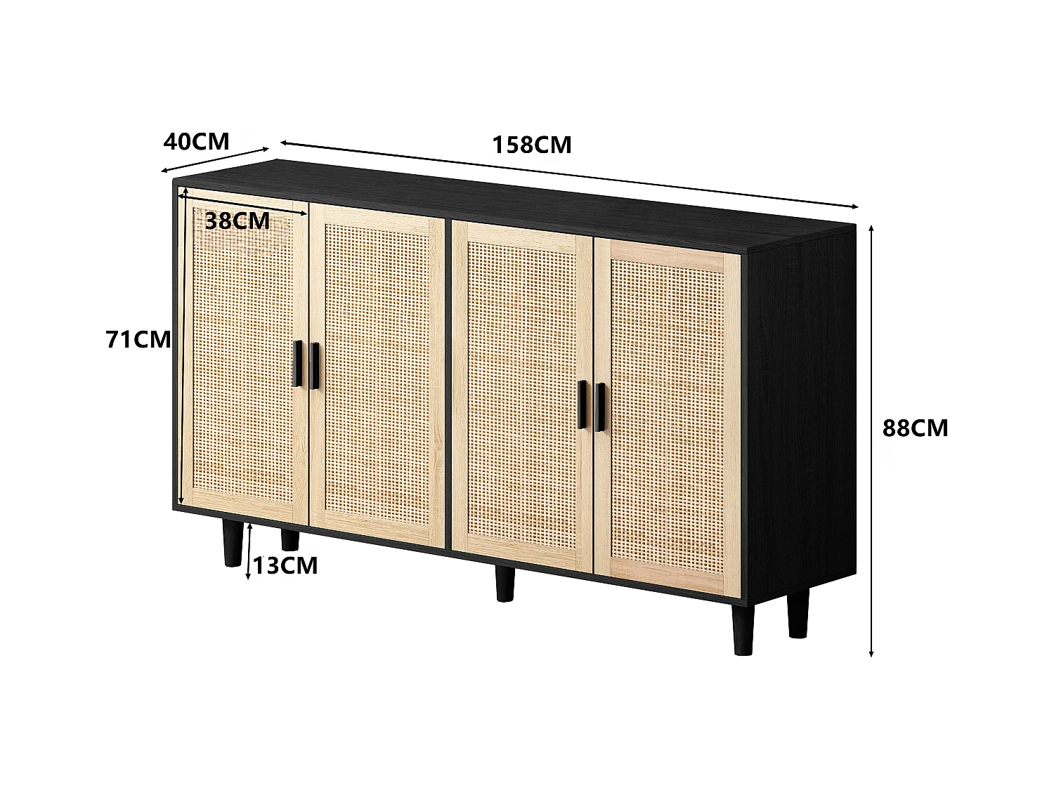 Mueble de almacenaje decorativo de ratán de 4 puertas, elegante y funcional, de aglomerado, color negro (158x40x88 cm)
