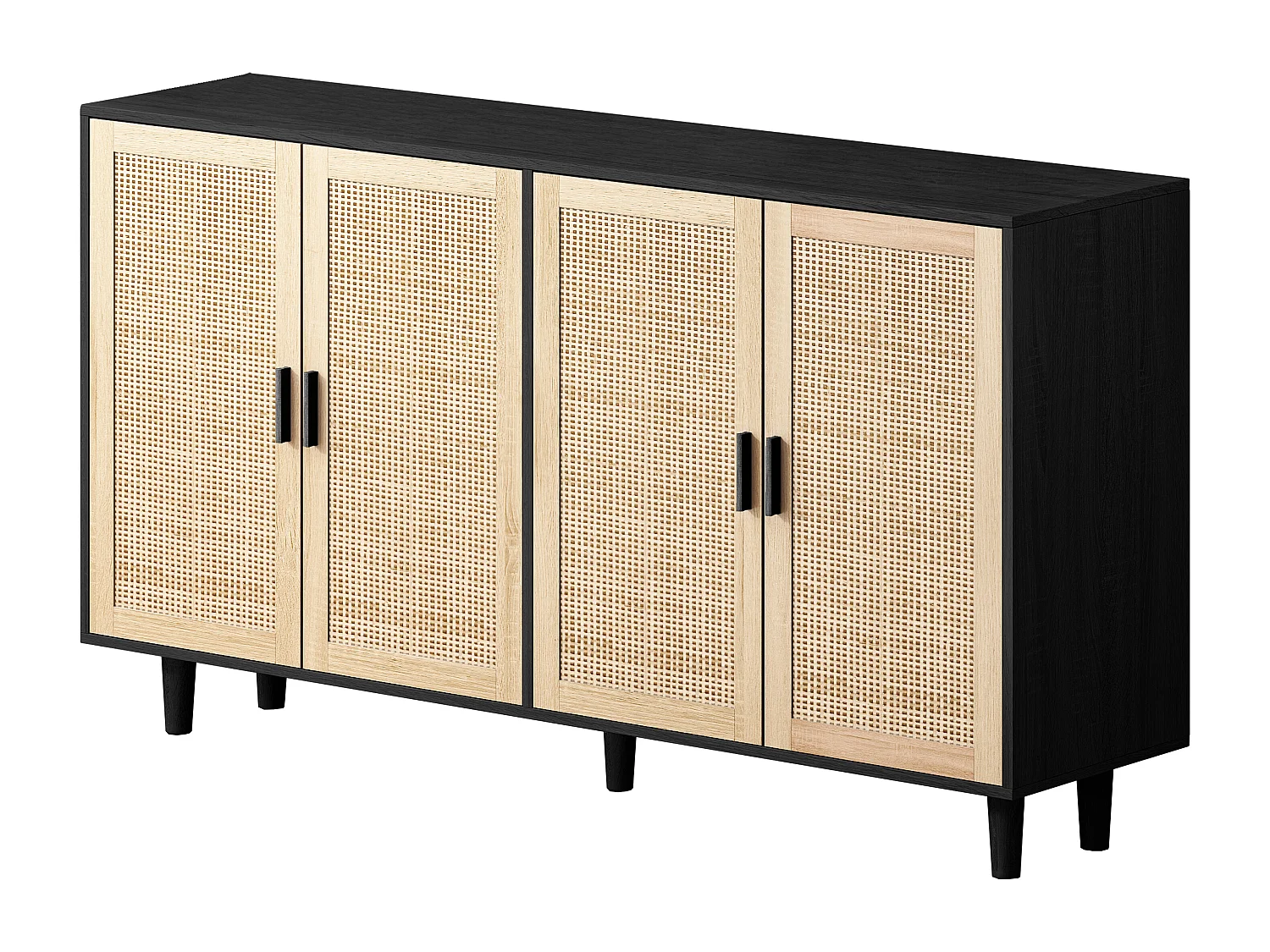 Mueble de almacenaje decorativo de ratán de 4 puertas, elegante y funcional, de aglomerado, color negro (158x40x88 cm)