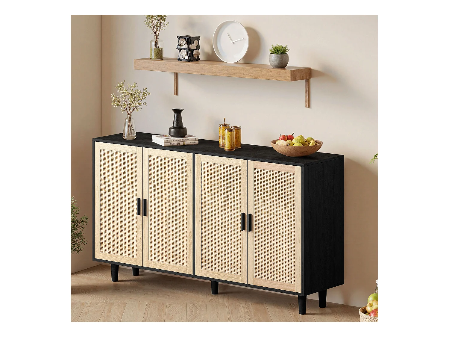 Decoratieve 4-deurs rotan opbergkast, elegant en functioneel, spaanplaat, zwart (158x40x88 cm)