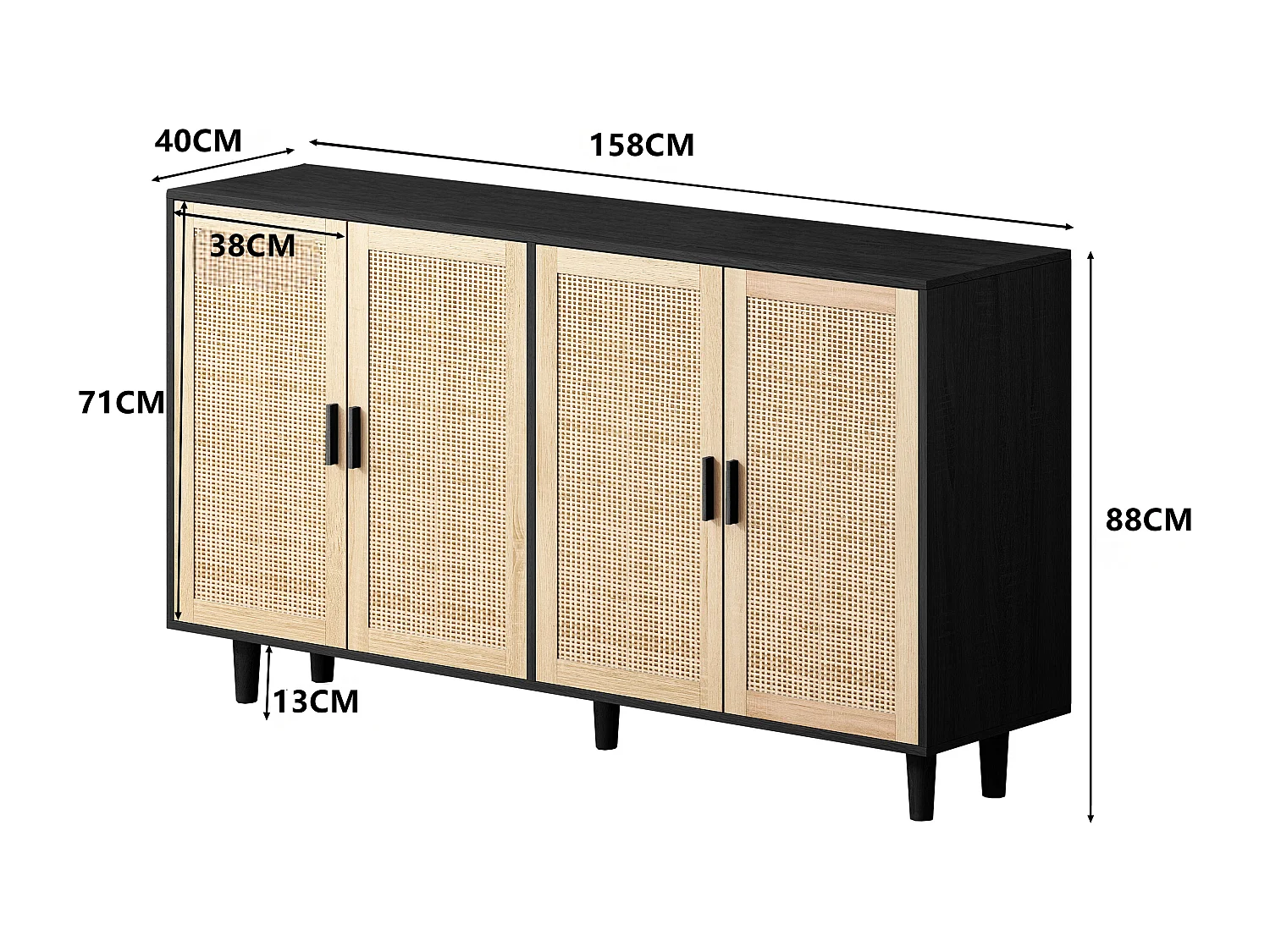 Decoratieve 4-deurs rotan opbergkast, elegant en functioneel, spaanplaat, zwart (158x40x88 cm)
