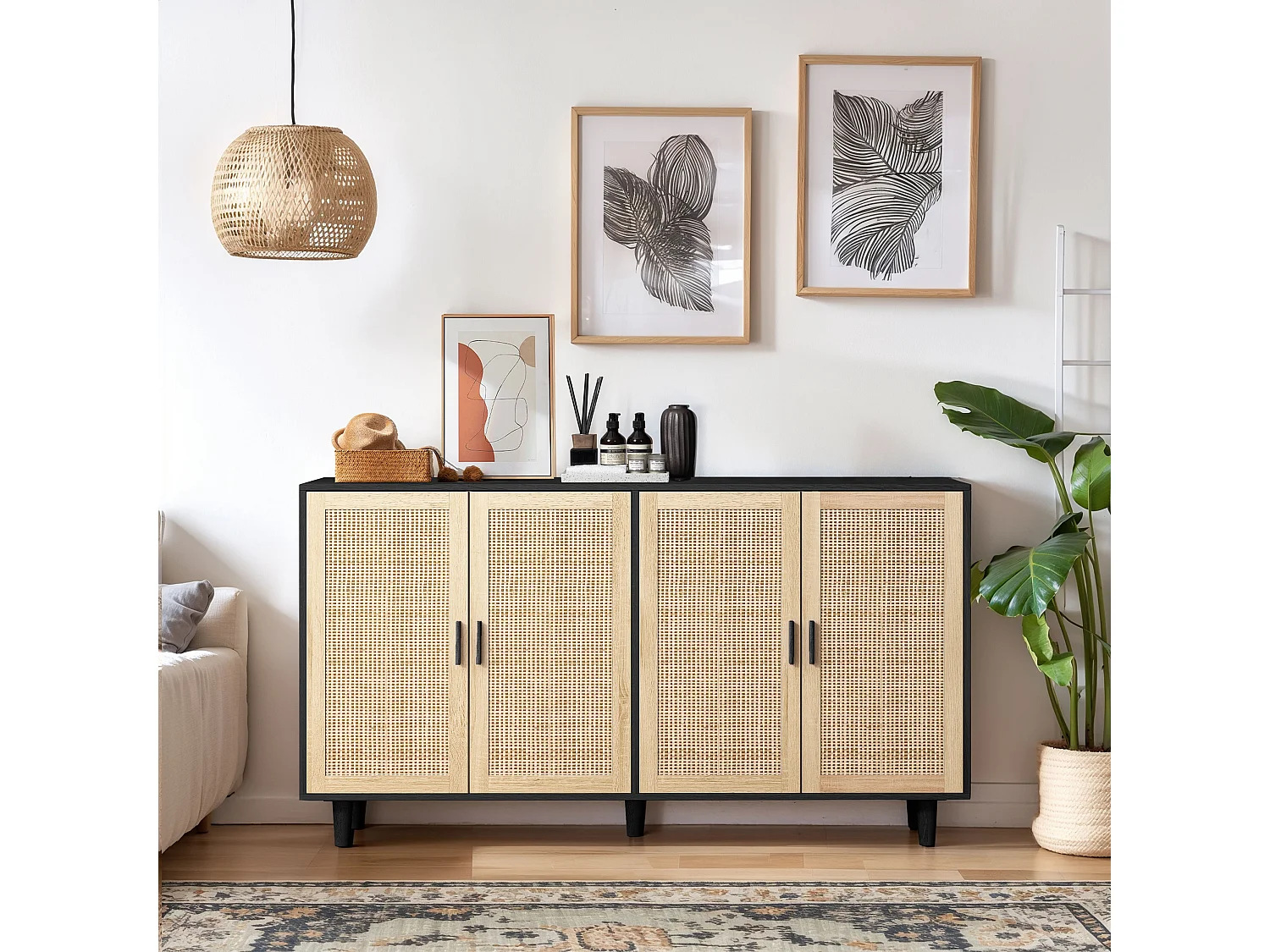 Armoire de rangement décorative en rotin 4 portes, élégante et fonctionnelle, bois aggloméré, noir (158x40x88 cm)