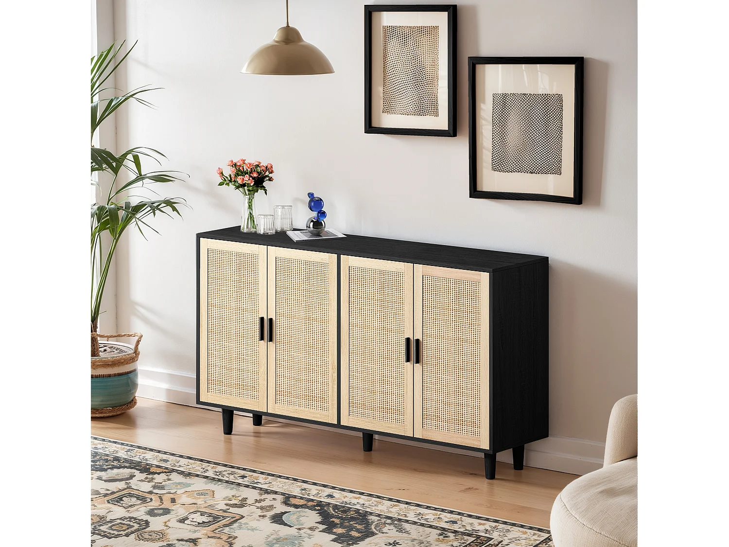 Armoire de rangement décorative en rotin 4 portes, élégante et fonctionnelle, bois aggloméré, noir (158x40x88 cm)