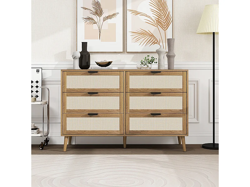 Cómoda con 6 cajones, diseño puerta granero, MDF, patas de pino, blanco y nogal (119x40x77 cm)