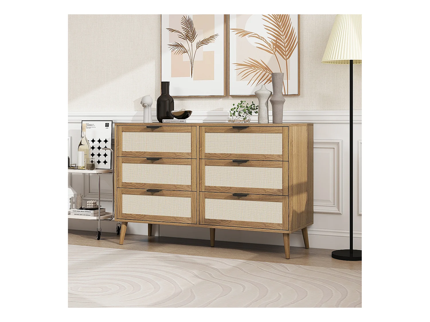 Ladekast met 6 laden, schuurdeurdesign, MDF, poten van grenenhout, wit en walnoot (119x40x77 cm)