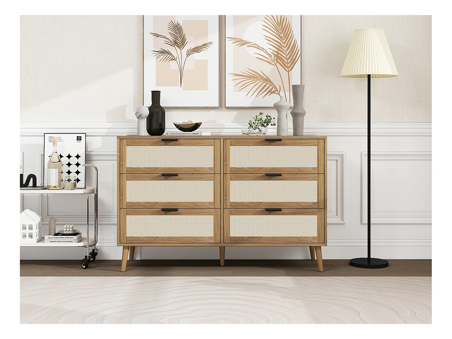 Ladekast met 6 laden, schuurdeurdesign, MDF, poten van grenenhout, wit en walnoot (119x40x77 cm)