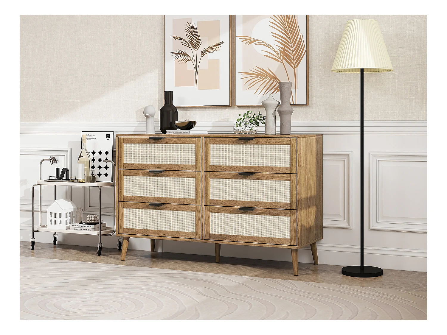 Ladekast met 6 laden, schuurdeurdesign, MDF, poten van grenenhout, wit en walnoot (119x40x77 cm)