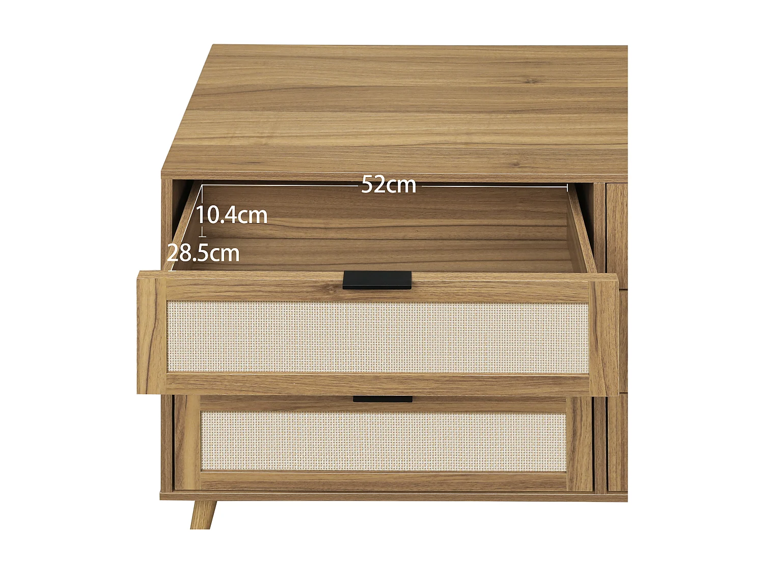 Ladekast met 6 laden, schuurdeurdesign, MDF, poten van grenenhout, wit en walnoot (119x40x77 cm)