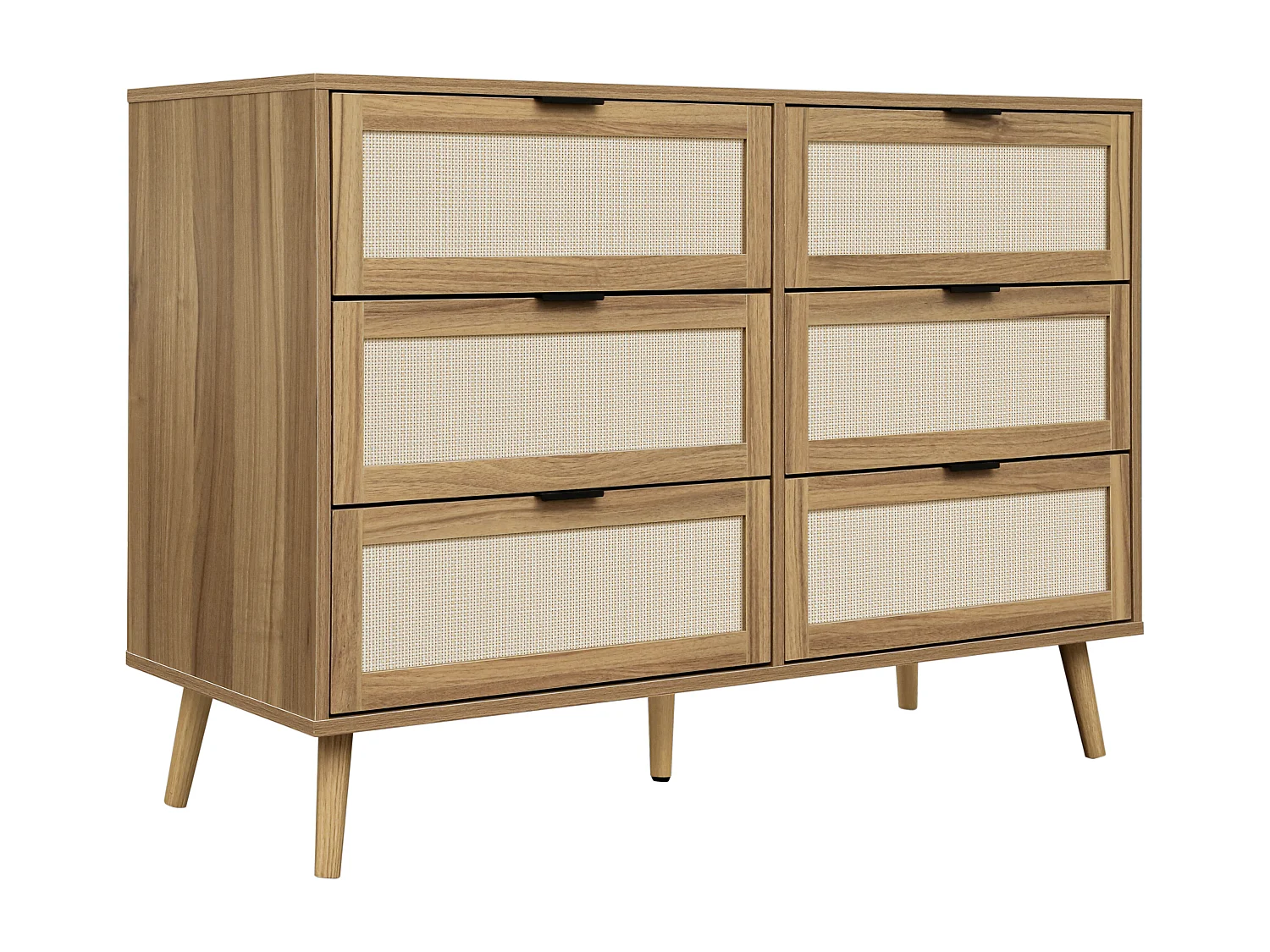 Ladekast met 6 laden, schuurdeurdesign, MDF, poten van grenenhout, wit en walnoot (119x40x77 cm)