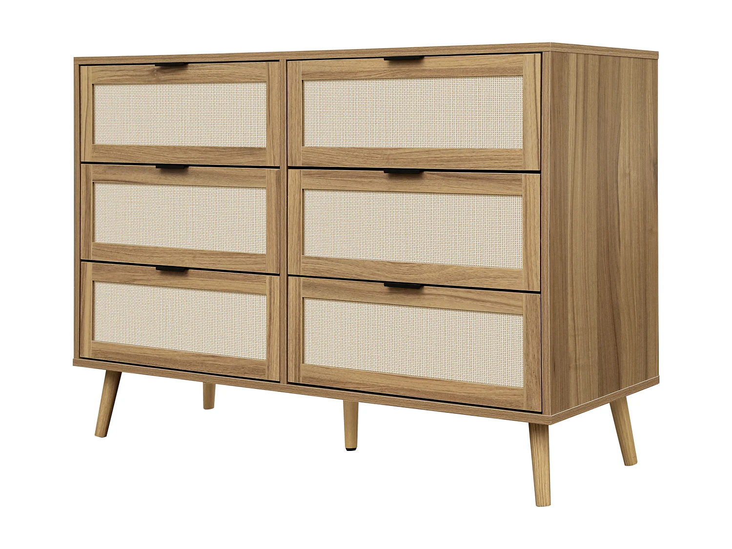 Ladekast met 6 laden, schuurdeurdesign, MDF, poten van grenenhout, wit en walnoot (119x40x77 cm)