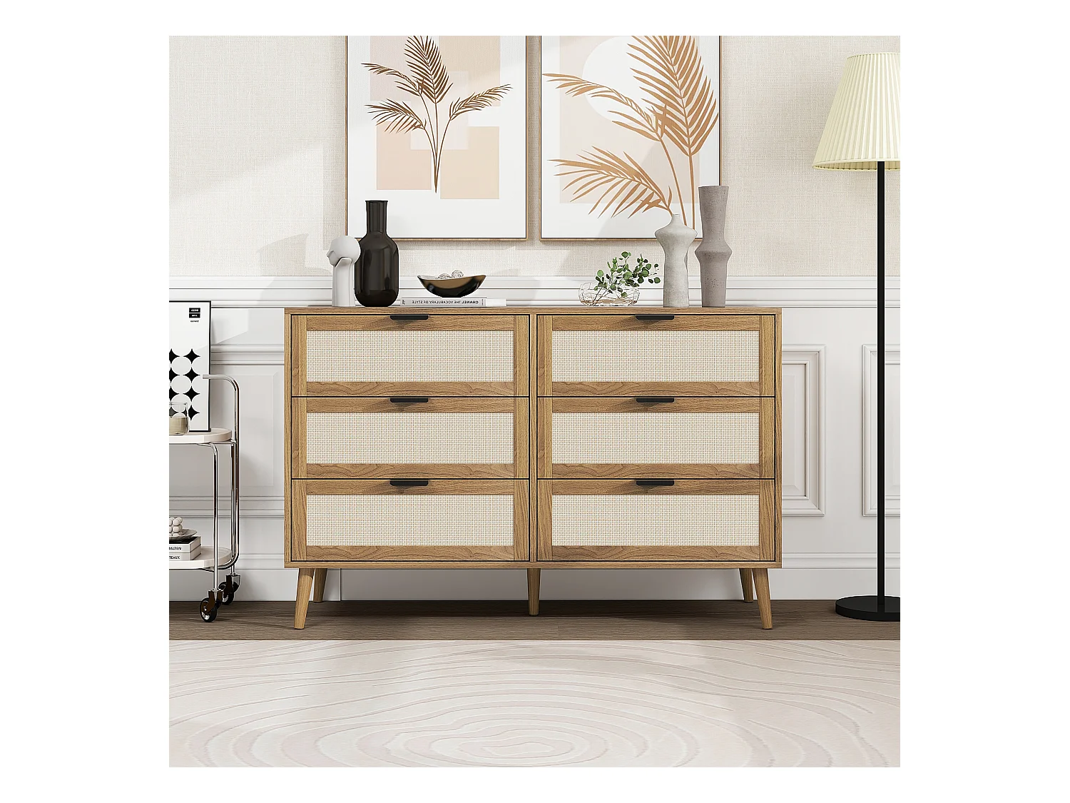 Commode avec 6 tiroirs, design de porte de grange, MDF, pieds en pin, blanc et noyer (119x40x77 cm)
