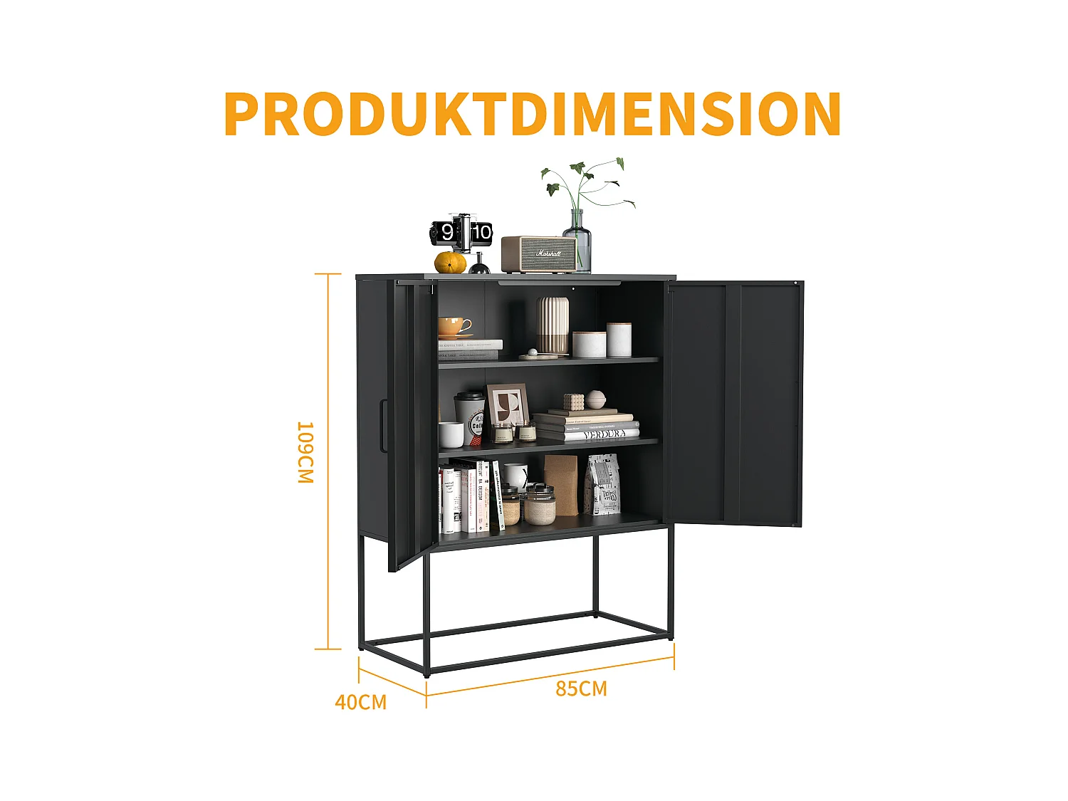 Armoire métallique de rangement, meuble de stockage à 2 étagères, portes magnétiques, métal, noir (85x40x109 cm)