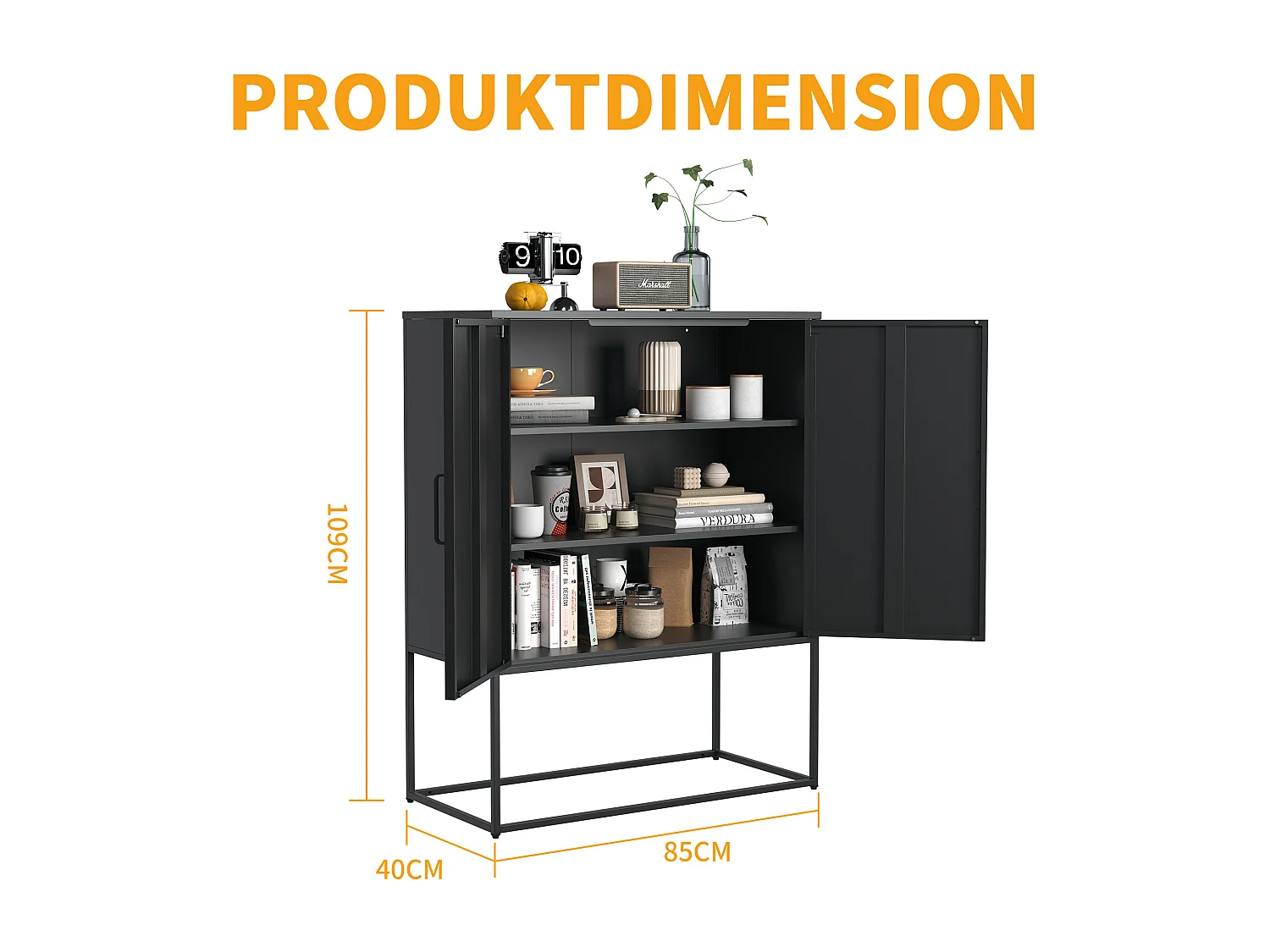 Armoire métallique de rangement, meuble de stockage à 2 étagères, portes magnétiques, métal, noir (85x40x109 cm)