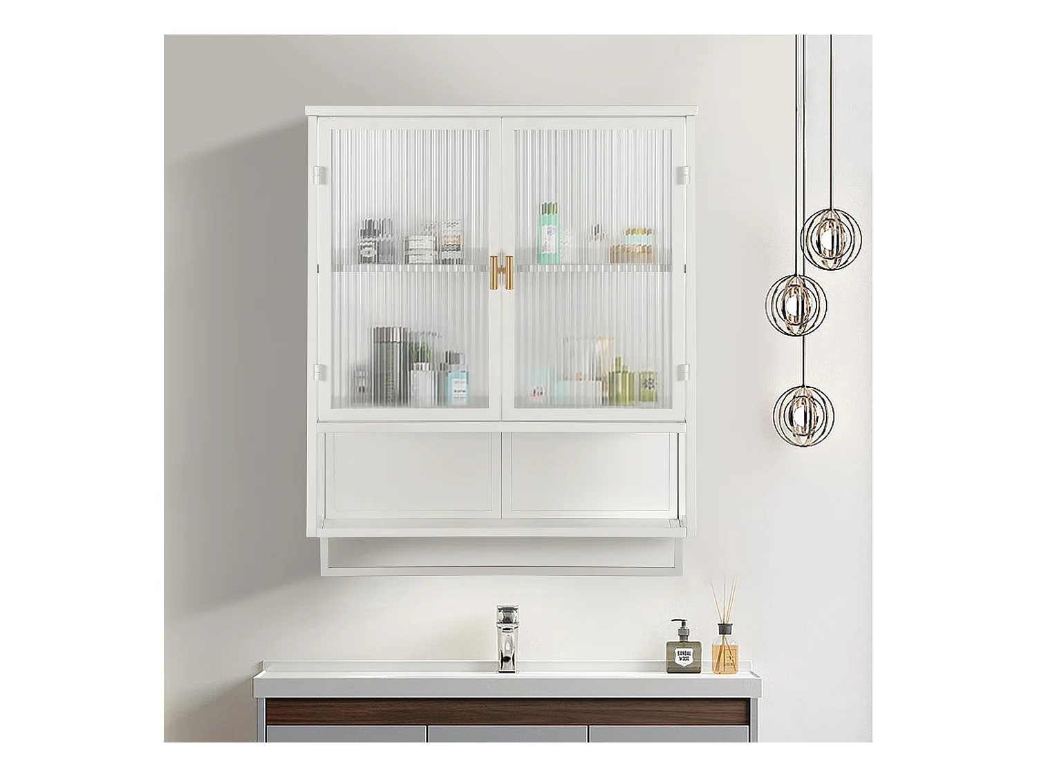 Cabinet mural moderne à portes en verre, étagères ajustables, porte-serviettes, blanc (60x23x78 cm)