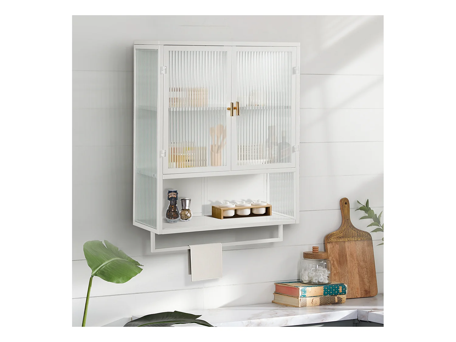 Cabinet mural moderne à portes en verre, étagères ajustables, porte-serviettes, blanc (60x23x78 cm)
