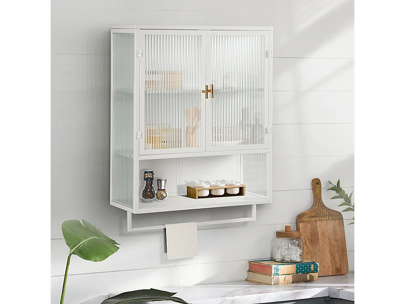 Cabinet mural moderne à portes en verre, étagères ajustables, porte-serviettes, blanc (60x23x78 cm)