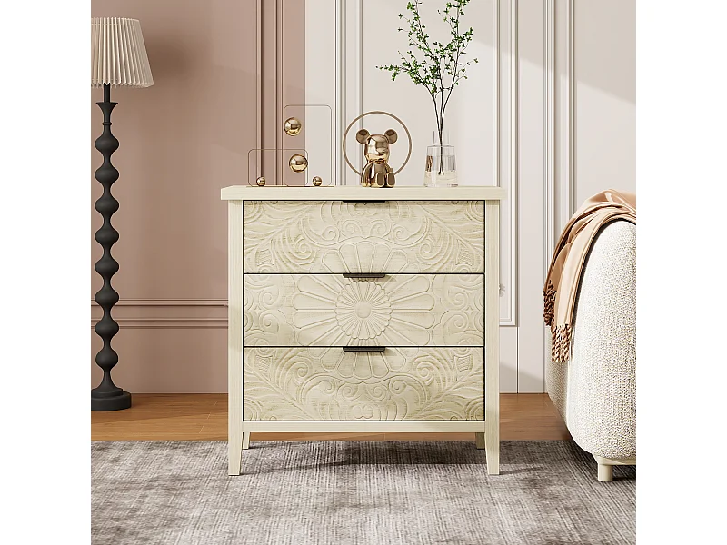 Mueble de almacenaje de 3 cajones, diseño en relieve, madera natural con MDF, blanco (80x40x80 cm)