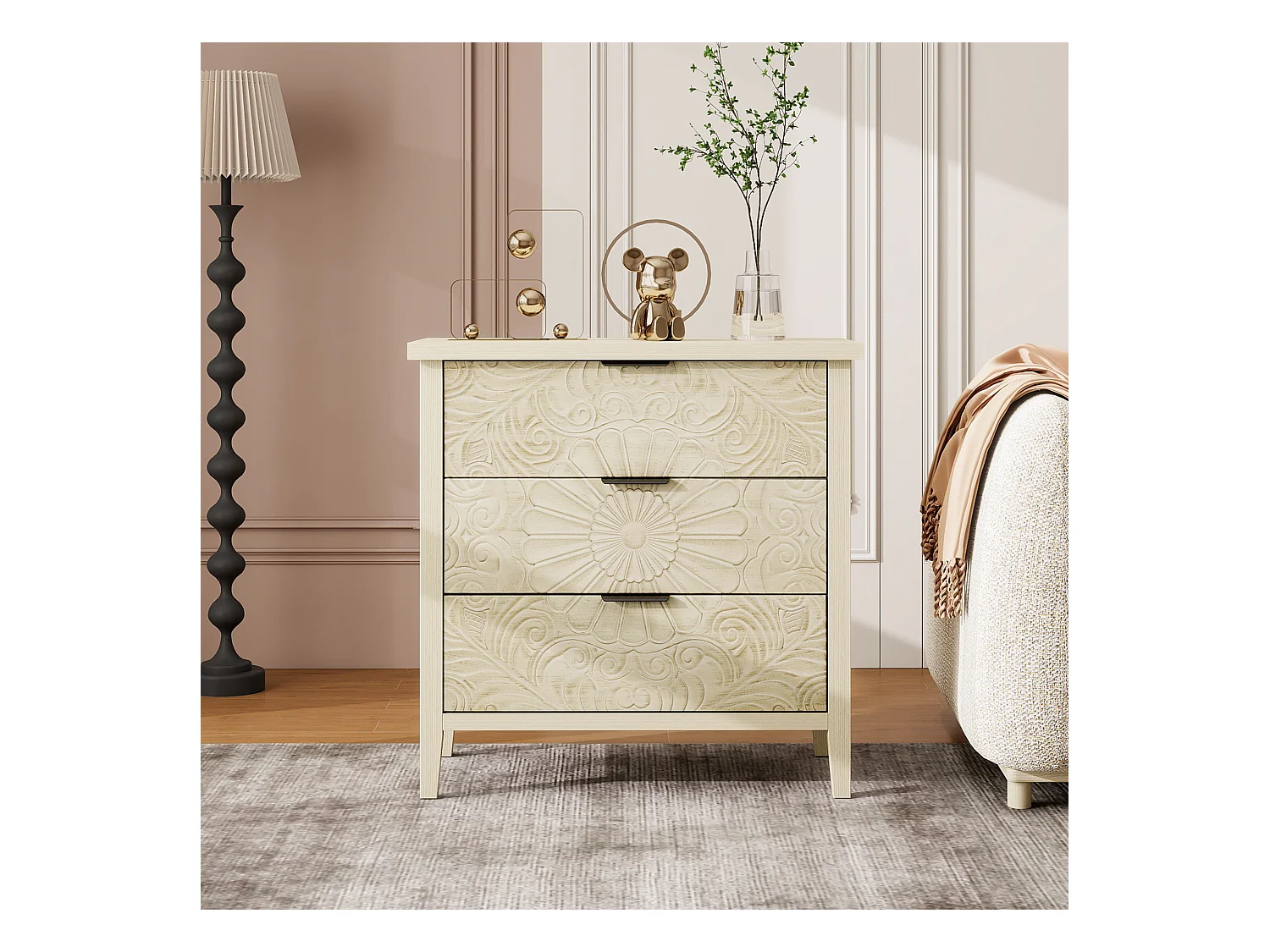 Meuble de rangement 3 tiroirs, design relief, bois naturel avec MDF, blanc (80x40x80 cm)