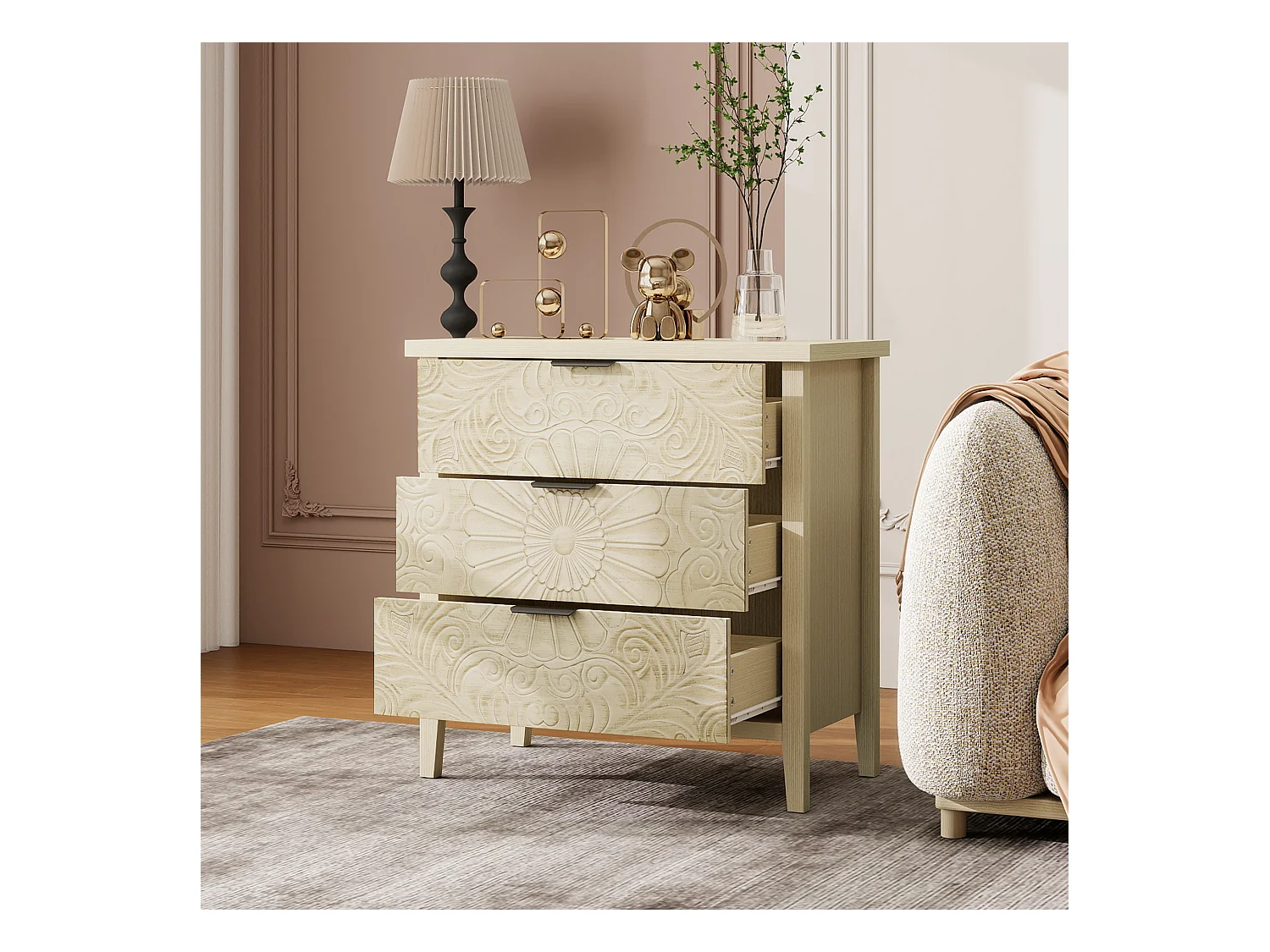 Meuble de rangement 3 tiroirs, design relief, bois naturel avec MDF, blanc (80x40x80 cm)