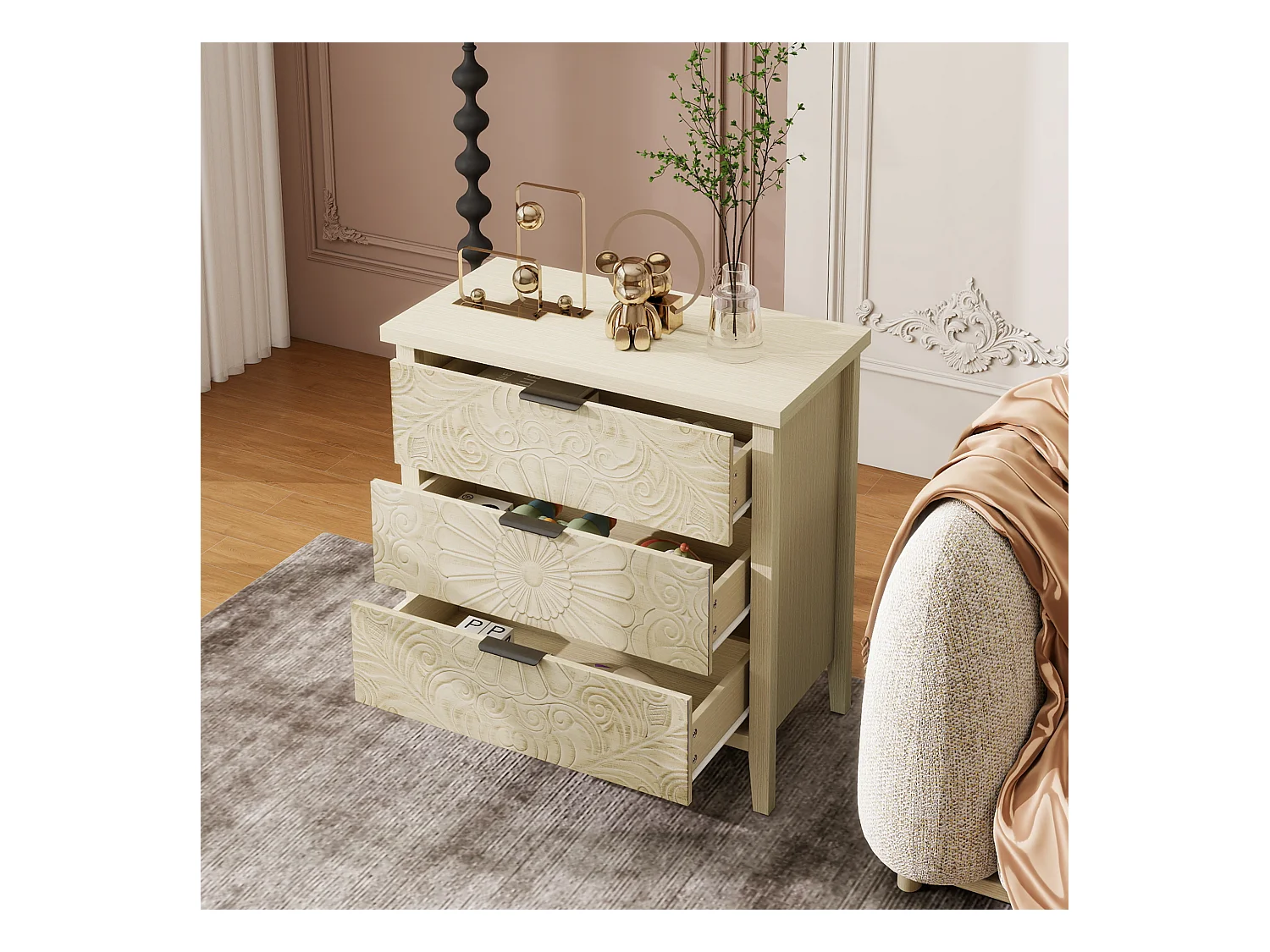 Meuble de rangement 3 tiroirs, design relief, bois naturel avec MDF, blanc (80x40x80 cm)