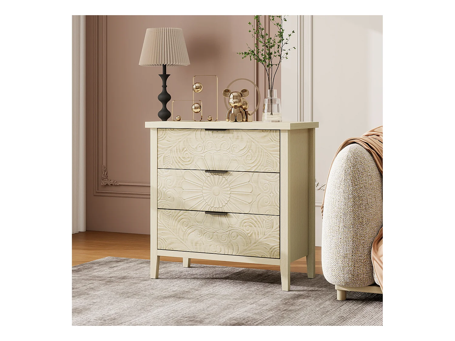 Meuble de rangement 3 tiroirs, design relief, bois naturel avec MDF, blanc (80x40x80 cm)