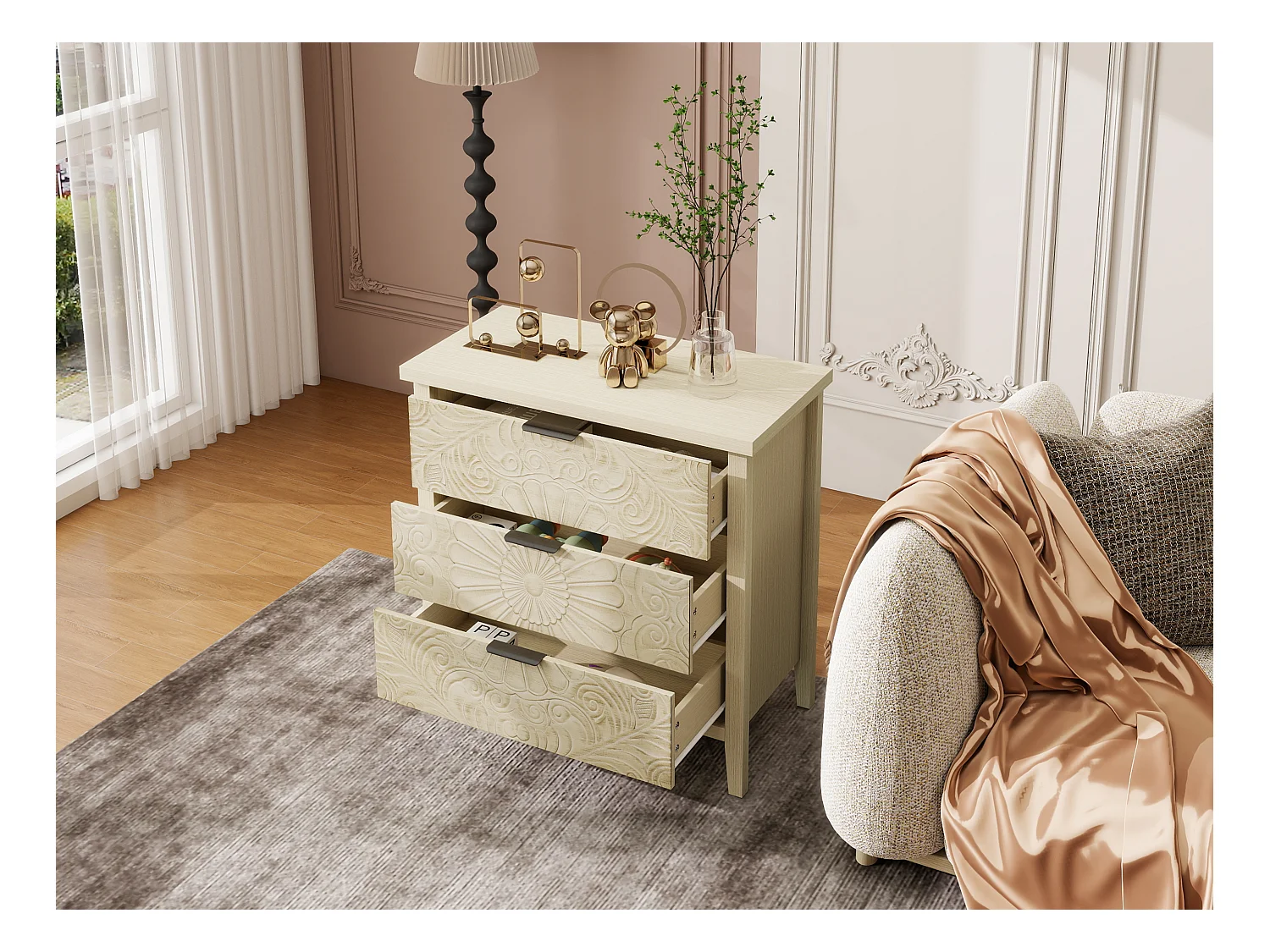 Meuble de rangement 3 tiroirs, design relief, bois naturel avec MDF, blanc (80x40x80 cm)