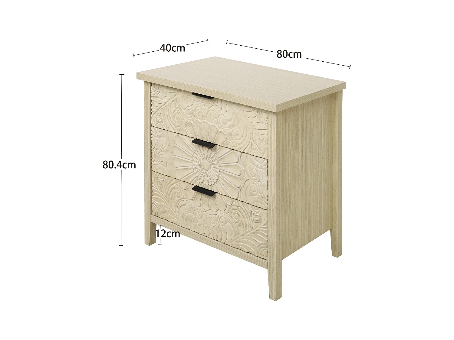 Meuble de rangement 3 tiroirs, design relief, bois naturel avec MDF, blanc (80x40x80 cm)