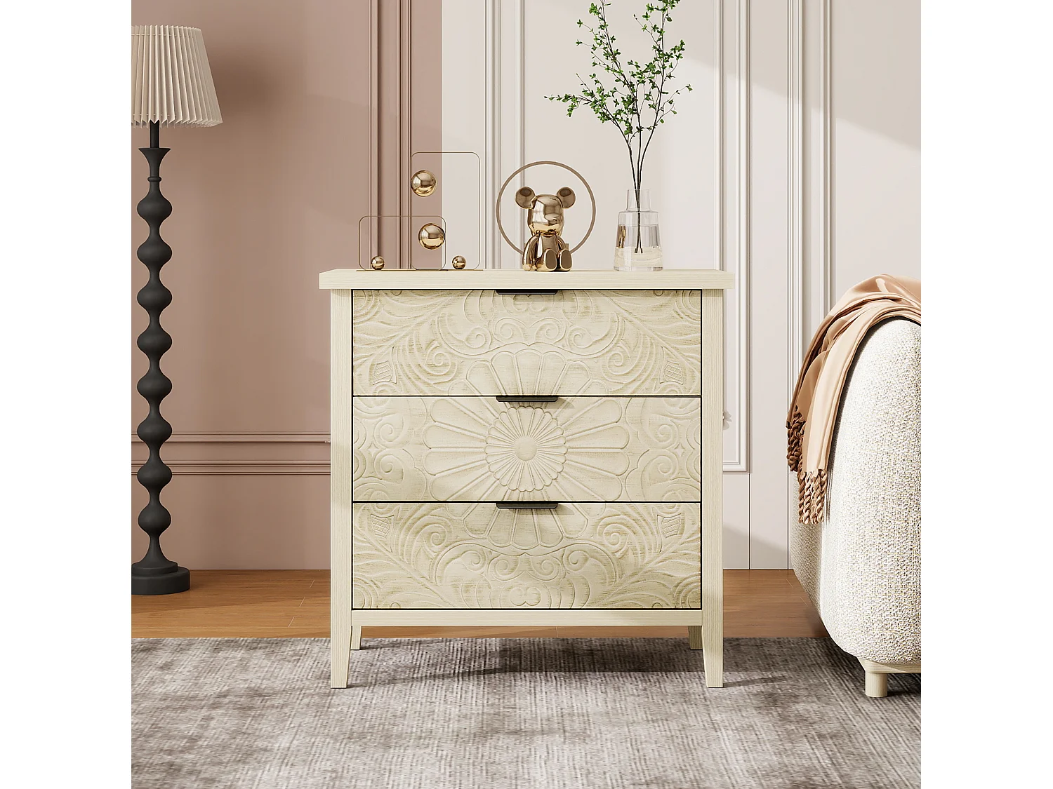 Meuble de rangement 3 tiroirs, design relief, bois naturel avec MDF, blanc (80x40x80 cm)