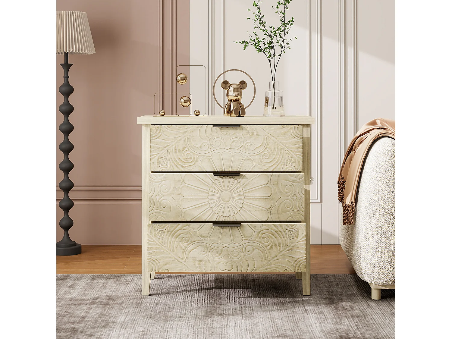 Meuble de rangement 3 tiroirs, design relief, bois naturel avec MDF, blanc (80x40x80 cm)