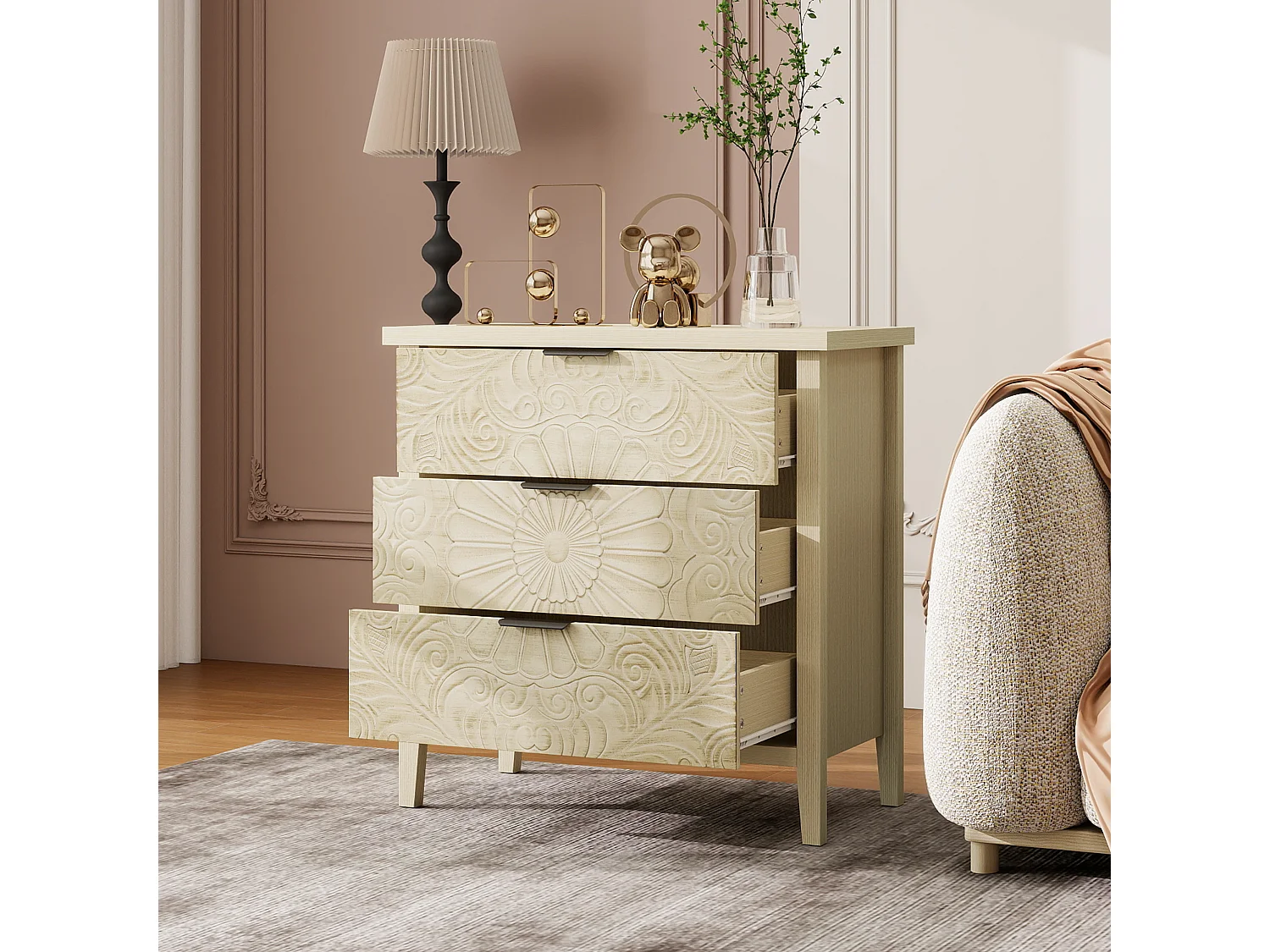 Meuble de rangement 3 tiroirs, design relief, bois naturel avec MDF, blanc (80x40x80 cm)