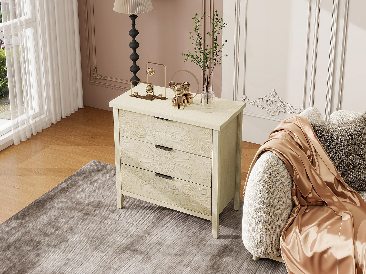 Meuble de rangement 3 tiroirs, design relief, bois naturel avec MDF, blanc (80x40x80 cm)