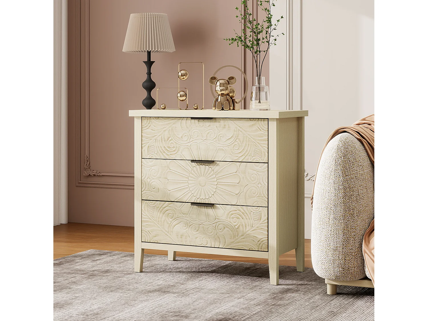 Meuble de rangement 3 tiroirs, design relief, bois naturel avec MDF, blanc (80x40x80 cm)