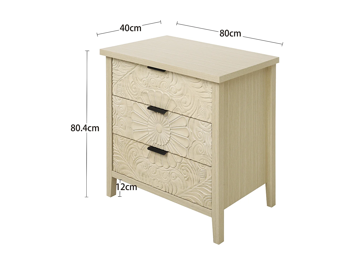 Meuble de rangement 3 tiroirs, design relief, bois naturel avec MDF, blanc (80x40x80 cm)
