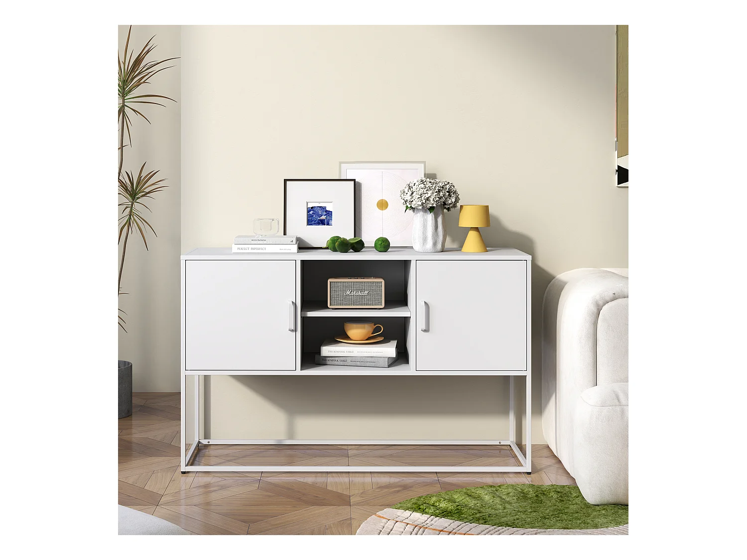 Meuble de rangement métallique, armoire avec 2 étagères, portes magnétiques, métal, blanc (120x40x75 cm)