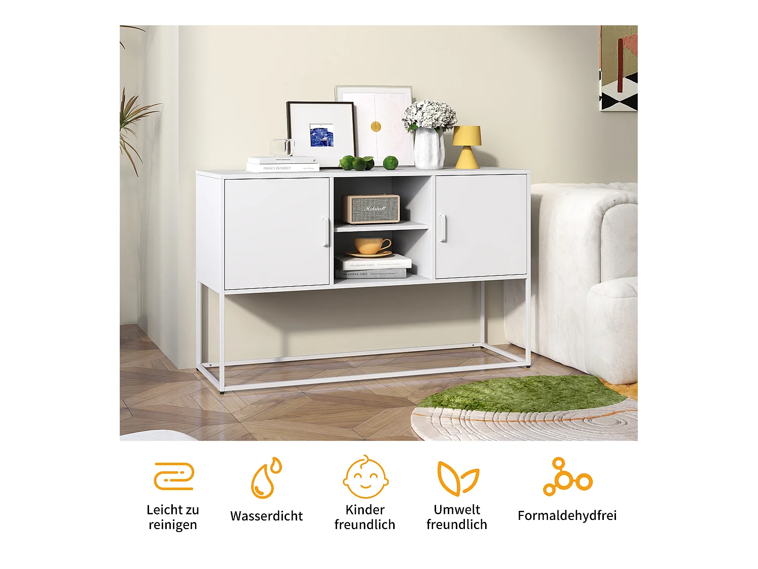 Meuble de rangement métallique, armoire avec 2 étagères, portes magnétiques, métal, blanc (120x40x75 cm)