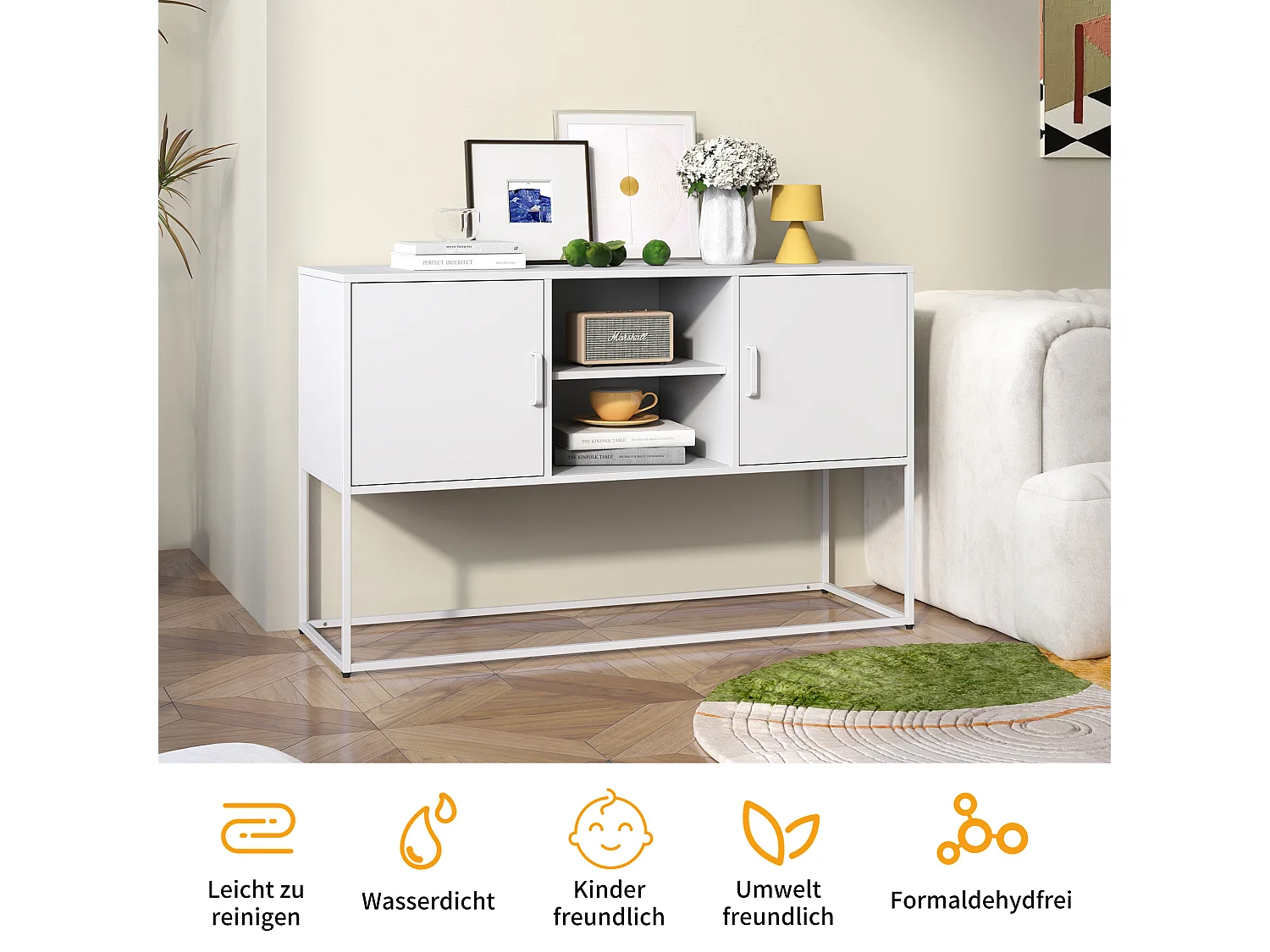 Meuble de rangement métallique, armoire avec 2 étagères, portes magnétiques, métal, blanc (120x40x75 cm)