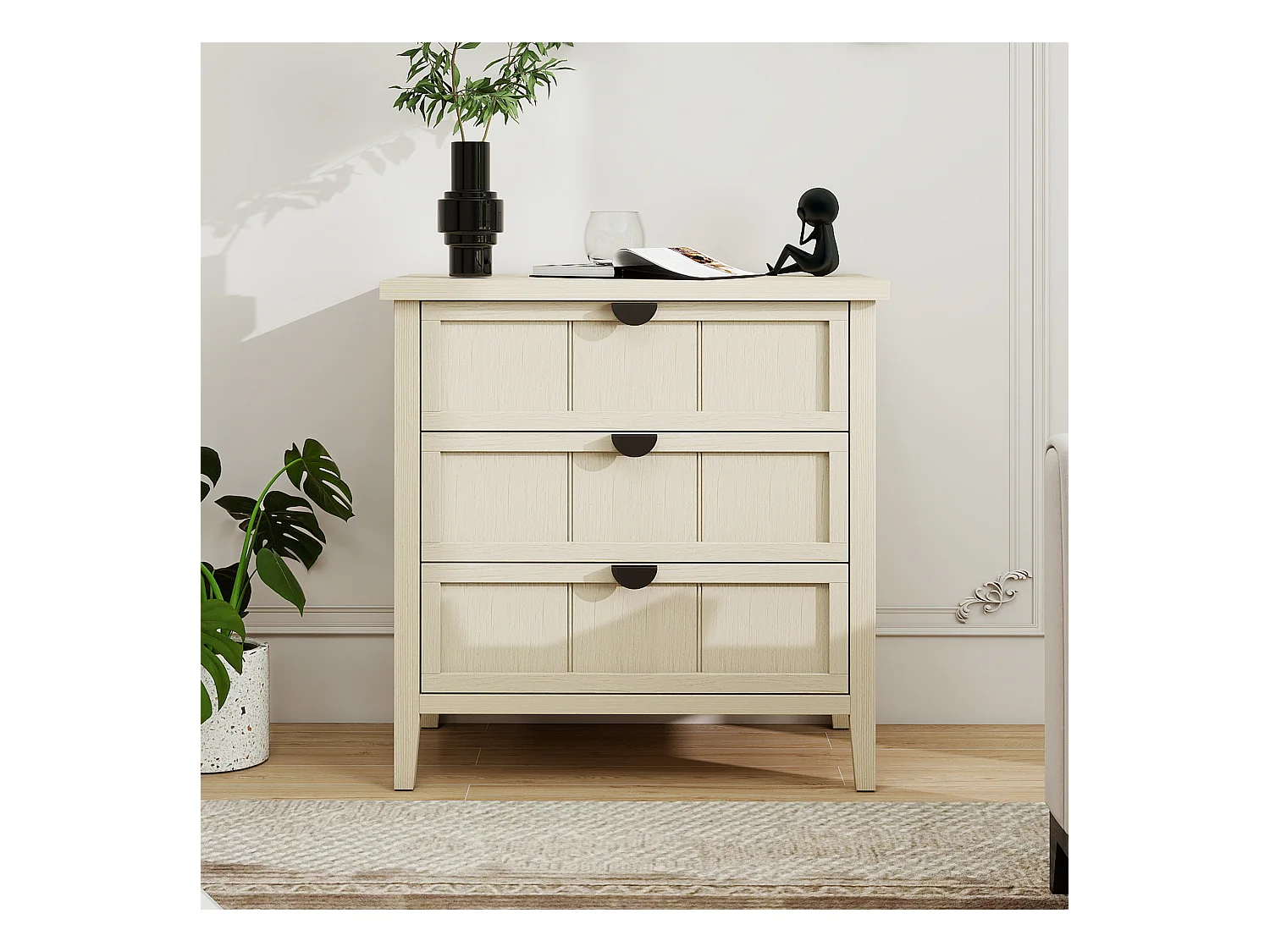 Meuble de rangement 3 tiroirs, design bois naturel avec porte en MDF, blanc et bois naturel (80x40x80 cm)