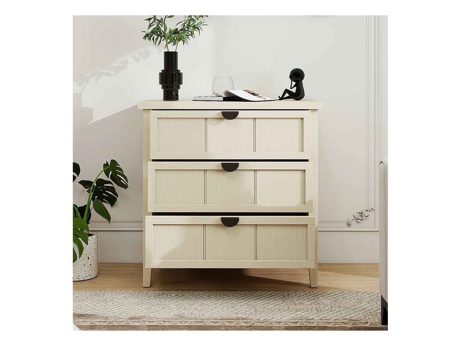 Meuble de rangement 3 tiroirs, design bois naturel avec porte en MDF, blanc et bois naturel (80x40x80 cm)