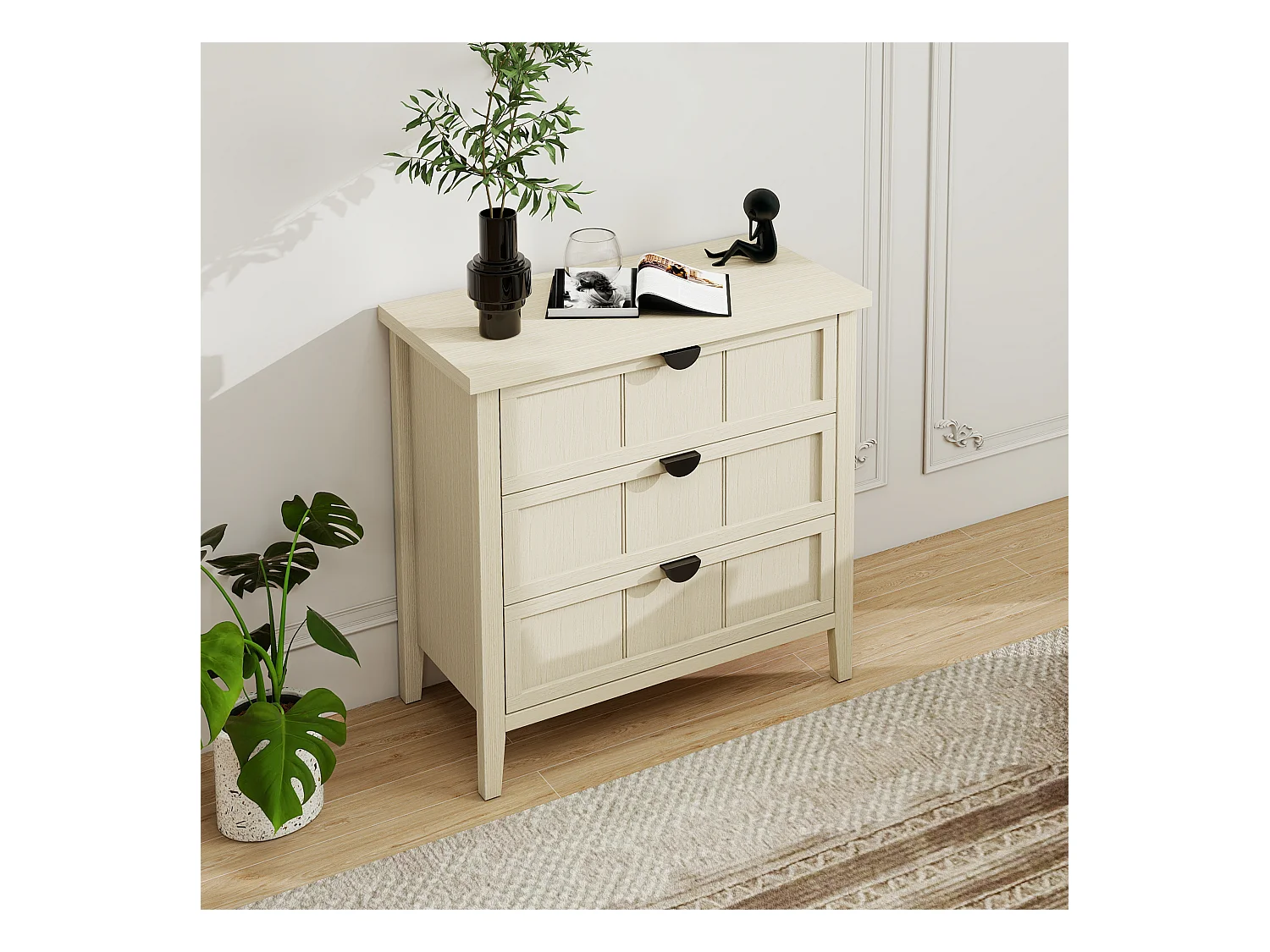 Meuble de rangement 3 tiroirs, design bois naturel avec porte en MDF, blanc et bois naturel (80x40x80 cm)