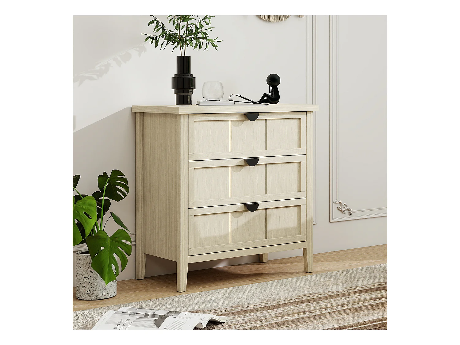 Meuble de rangement 3 tiroirs, design bois naturel avec porte en MDF, blanc et bois naturel (80x40x80 cm)