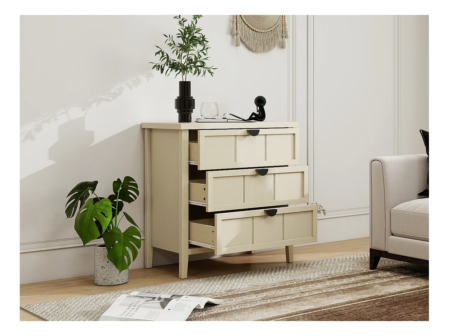 Meuble de rangement 3 tiroirs, design bois naturel avec porte en MDF, blanc et bois naturel (80x40x80 cm)