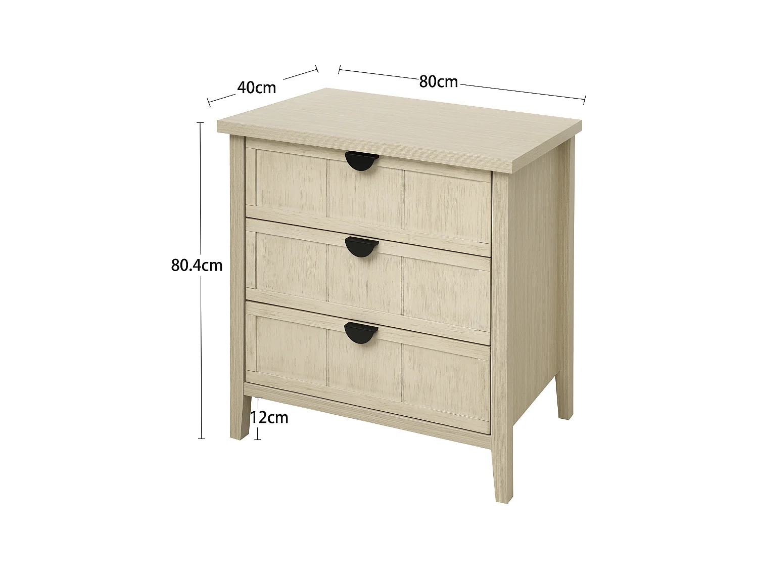 Meuble de rangement 3 tiroirs, design bois naturel avec porte en MDF, blanc et bois naturel (80x40x80 cm)